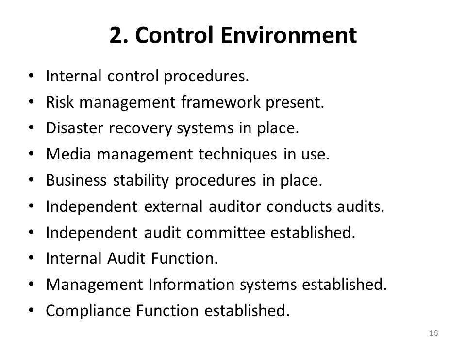 2. Control Environment Internal control procedures.