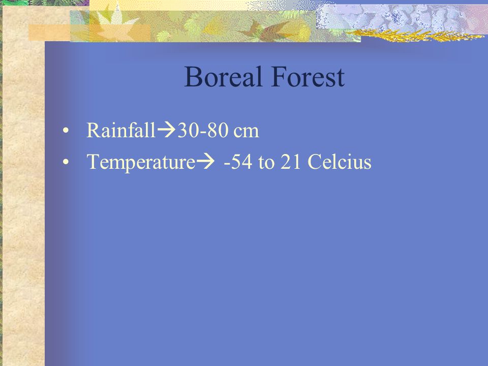 Boreal Forest Rainfall30-80 cm Temperature -54 to 21 Celcius