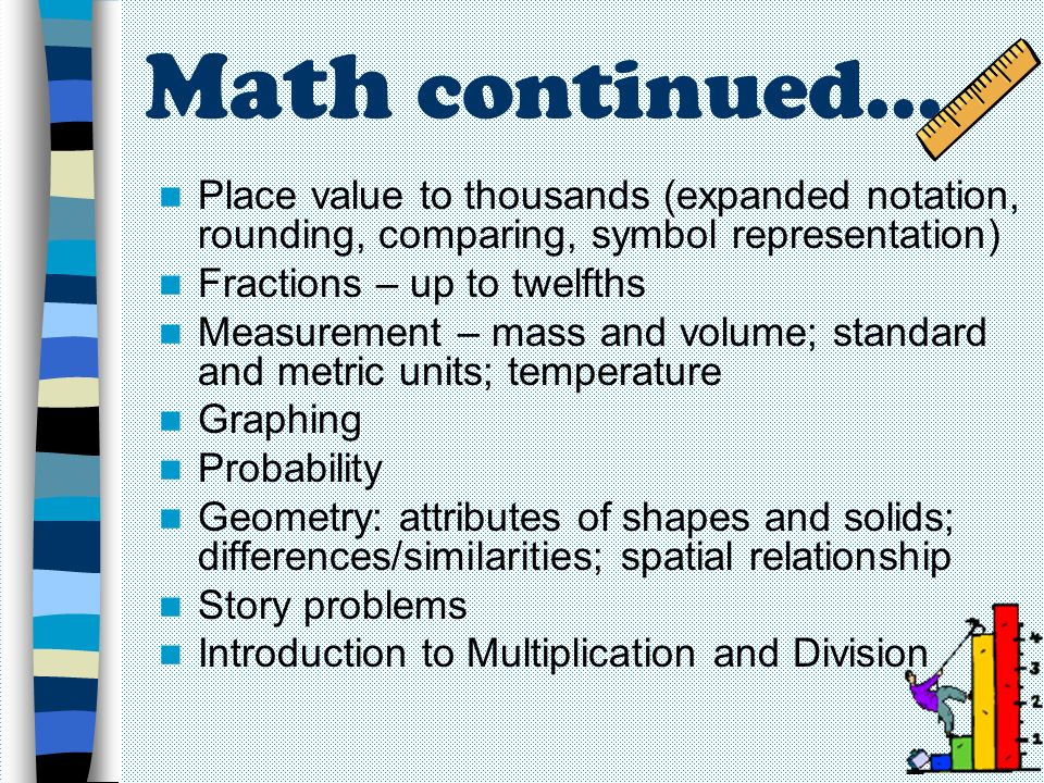 Math continued… Place value to thousands (expanded notation, rounding, comparing, symbol representation)