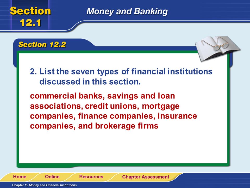 List the seven types of financial institutions discussed in this section.