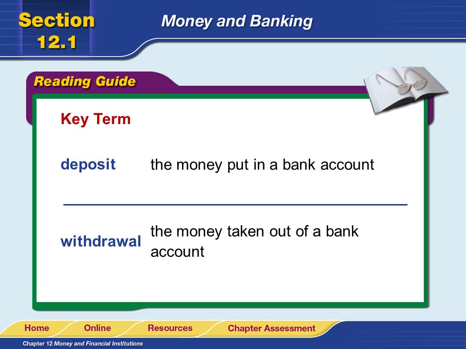 Key Term deposit the money put in a bank account the money taken out of a bank account withdrawal