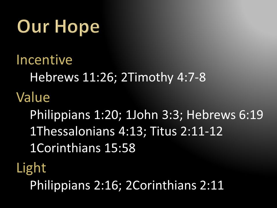 Our Hope Incentive Value Light Hebrews 11:26; 2Timothy 4:7-8