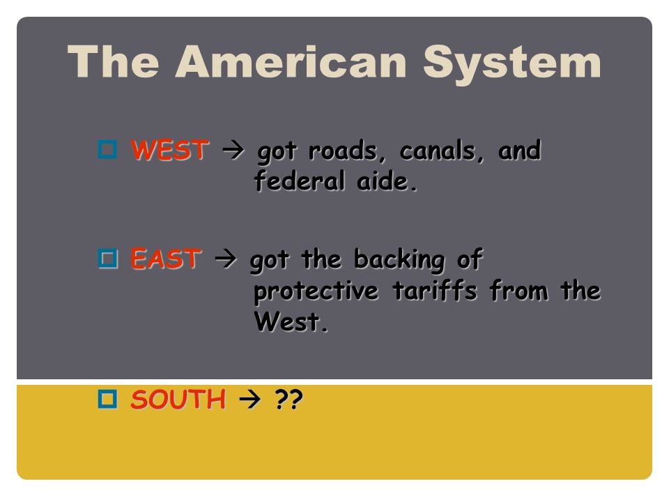 The American System WEST  got roads, canals, and federal aide.