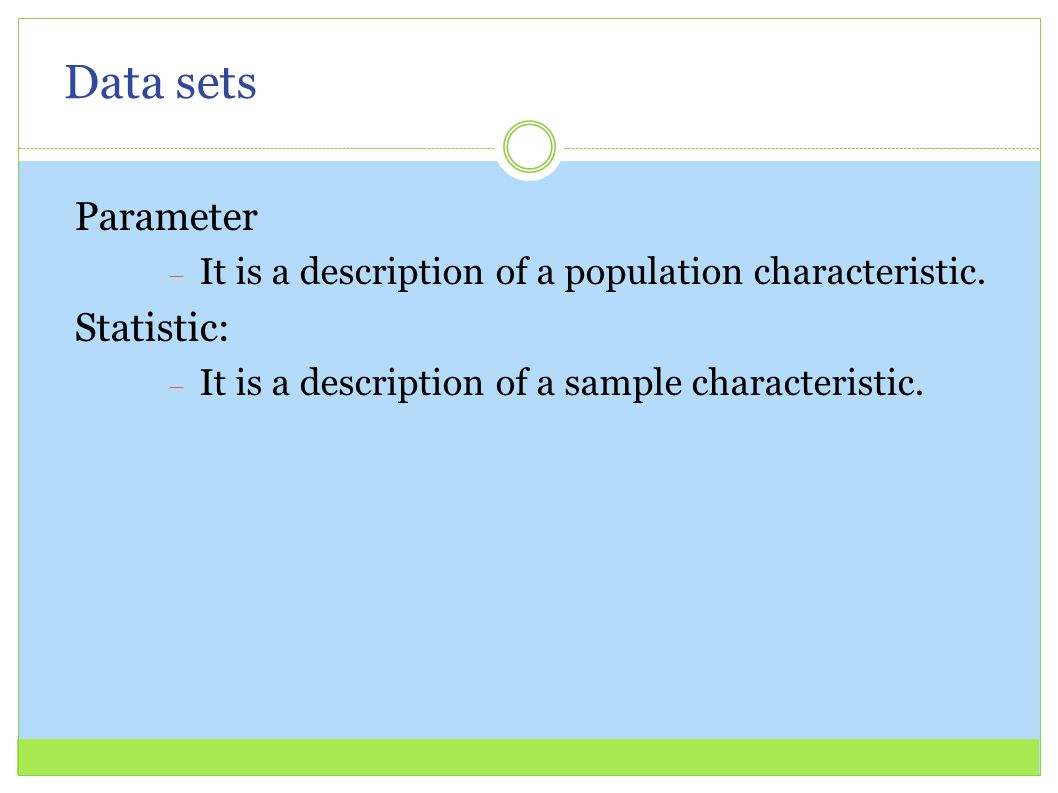 Data sets Parameter Statistic: