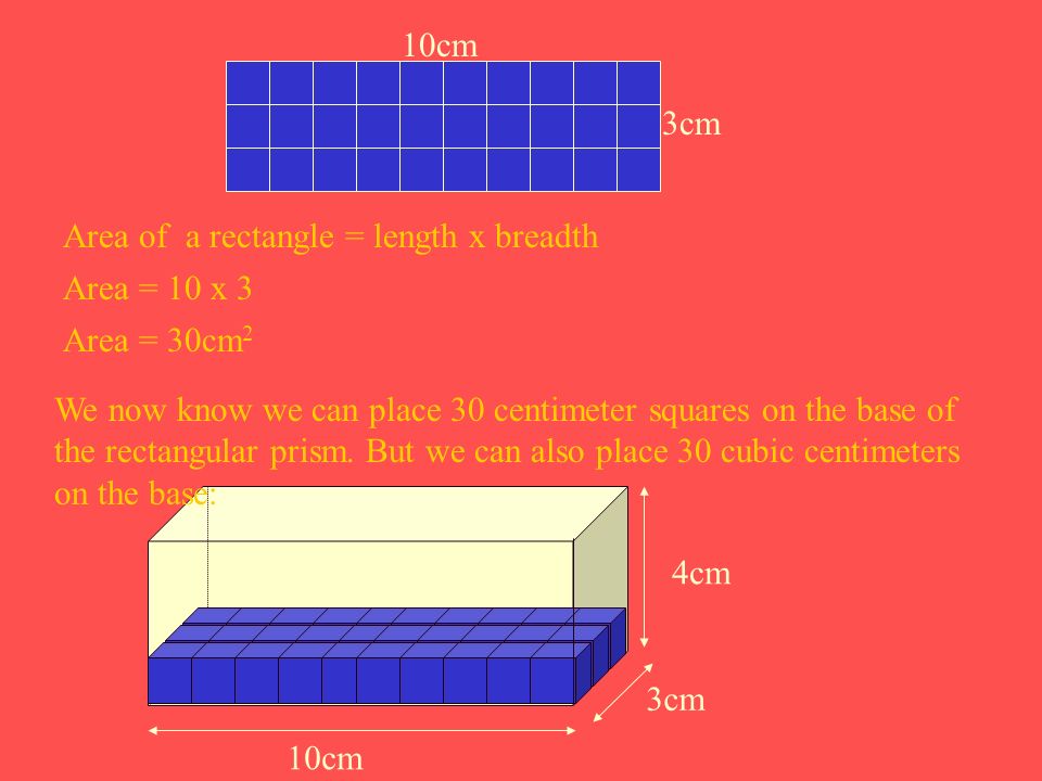 3cm 10cm. Area of a rectangle = length x breadth. Area = 10 x 3. Area = 30cm2.