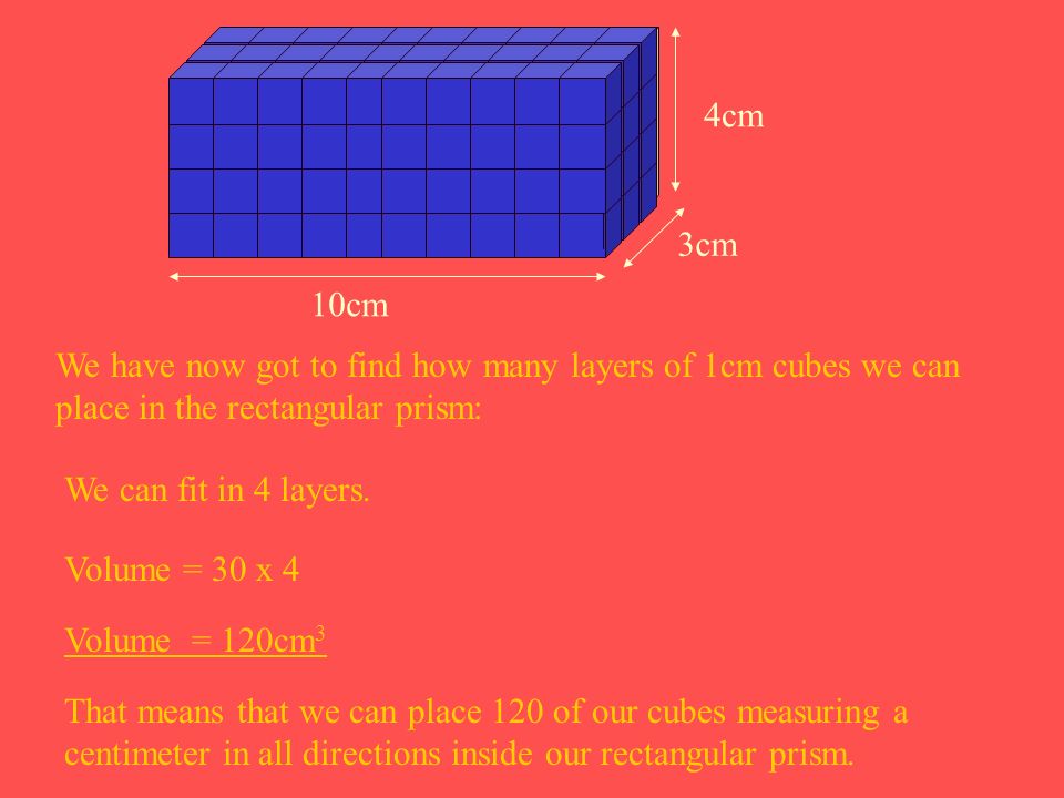 10cm 3cm. 4cm. We have now got to find how many layers of 1cm cubes we can place in the rectangular prism: