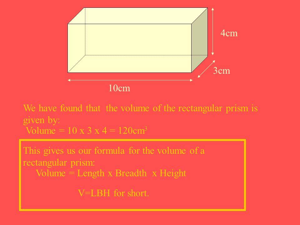 10cm 3cm. 4cm. We have found that the volume of the rectangular prism is given by: Volume = 10 x 3 x 4 = 120cm3.