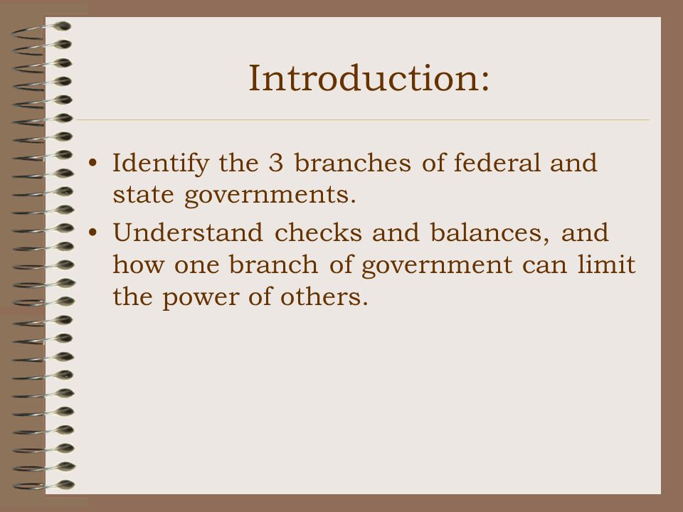 Introduction: Identify the 3 branches of federal and state governments.