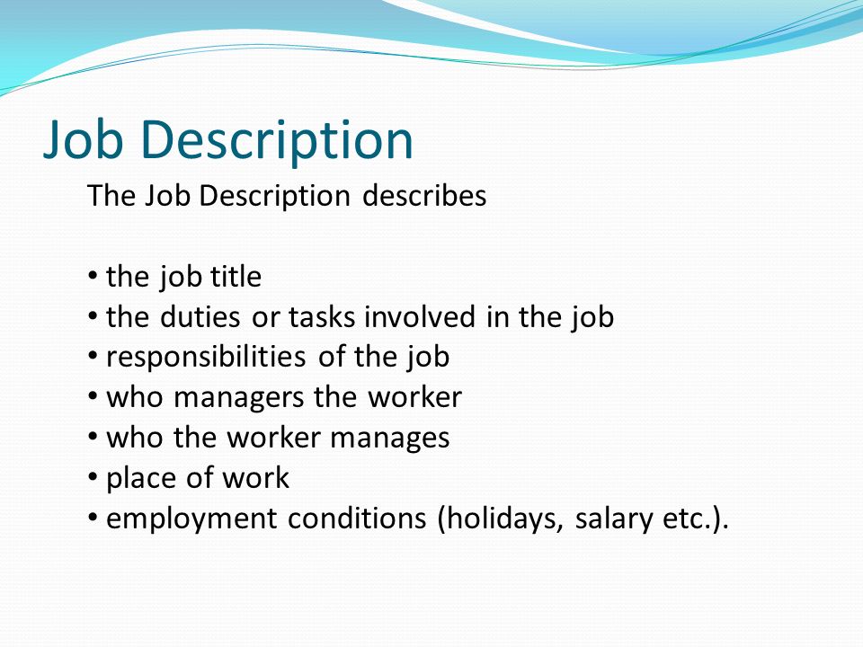Job Description The Job Description describes the job title