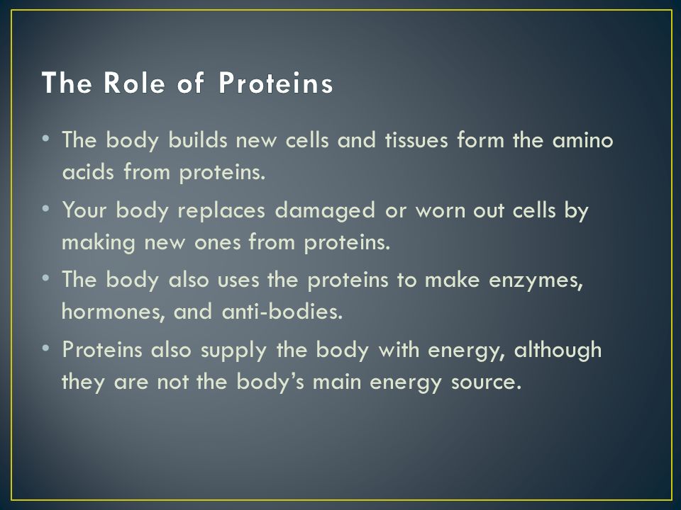 The Role of Proteins The body builds new cells and tissues form the amino acids from proteins.