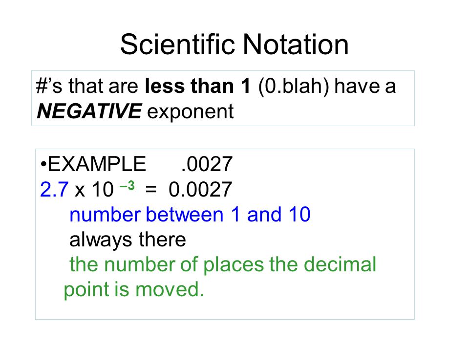Scientific Notation #’s that are less than 1 (0.blah) have a NEGATIVE exponent. EXAMPLE x 10 –3 =