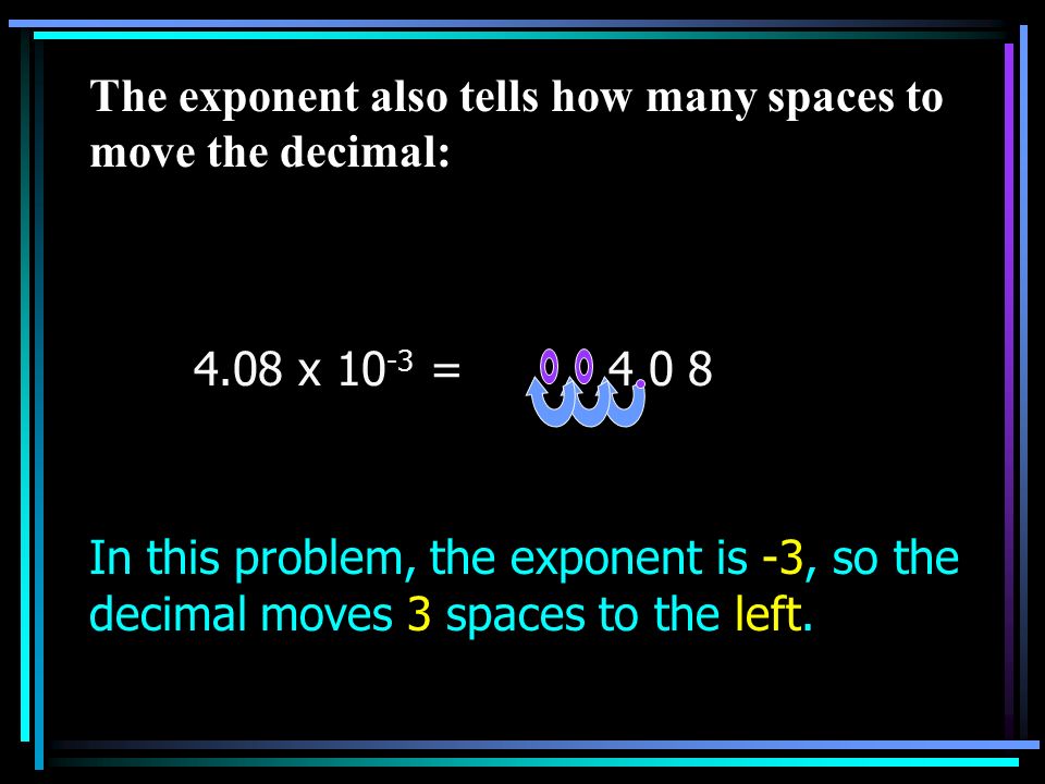 The exponent also tells how many spaces to move the decimal: