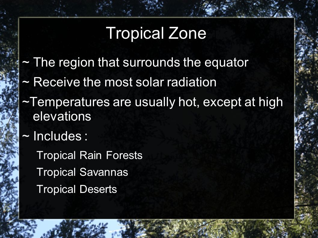 Tropical Zone ~ The region that surrounds the equator