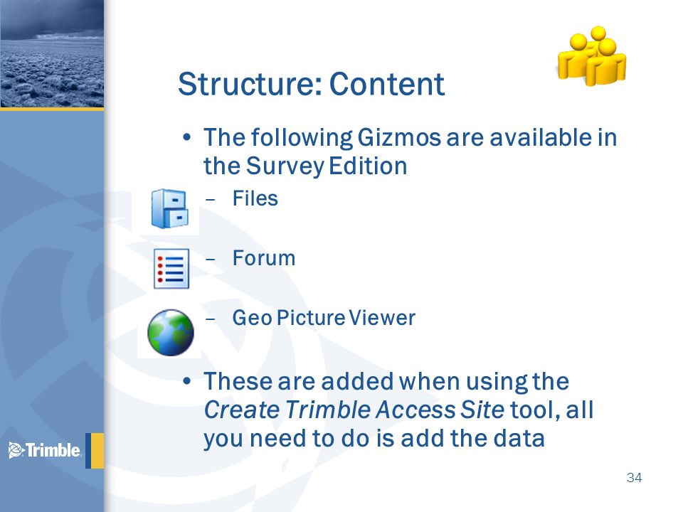 Structure: Content The following Gizmos are available in the Survey Edition. Files. Forum. Geo Picture Viewer.