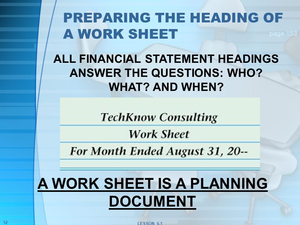 PREPARING THE HEADING OF A WORK SHEET