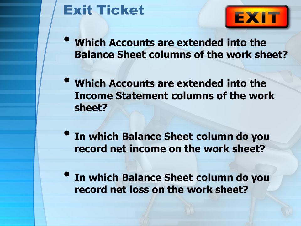 Exit Ticket Which Accounts are extended into the Balance Sheet columns of the work sheet