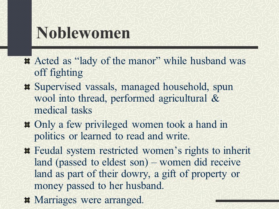 Noblewomen Acted as lady of the manor while husband was off fighting