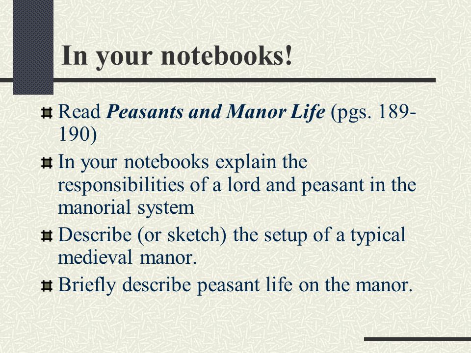 In your notebooks! Read Peasants and Manor Life (pgs )