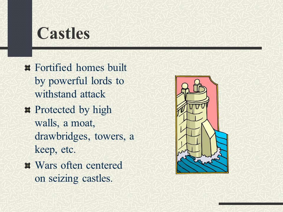Castles Fortified homes built by powerful lords to withstand attack