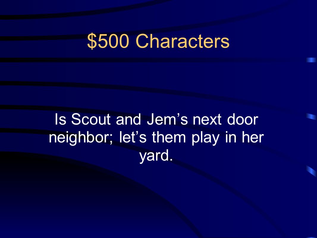 Is Scout and Jem’s next door neighbor; let’s them play in her yard.