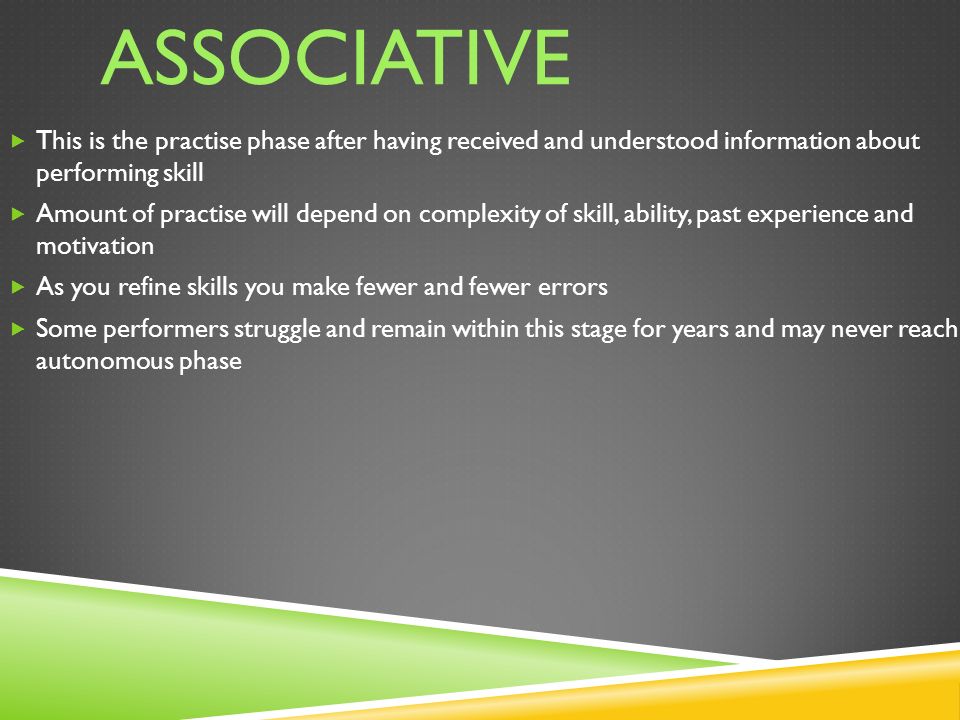 ASSOCIATIVE This is the practise phase after having received and understood information about performing skill.