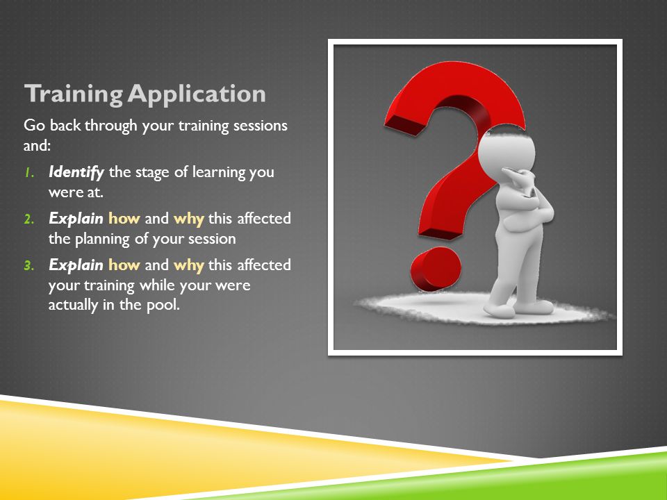 Training Application Go back through your training sessions and: