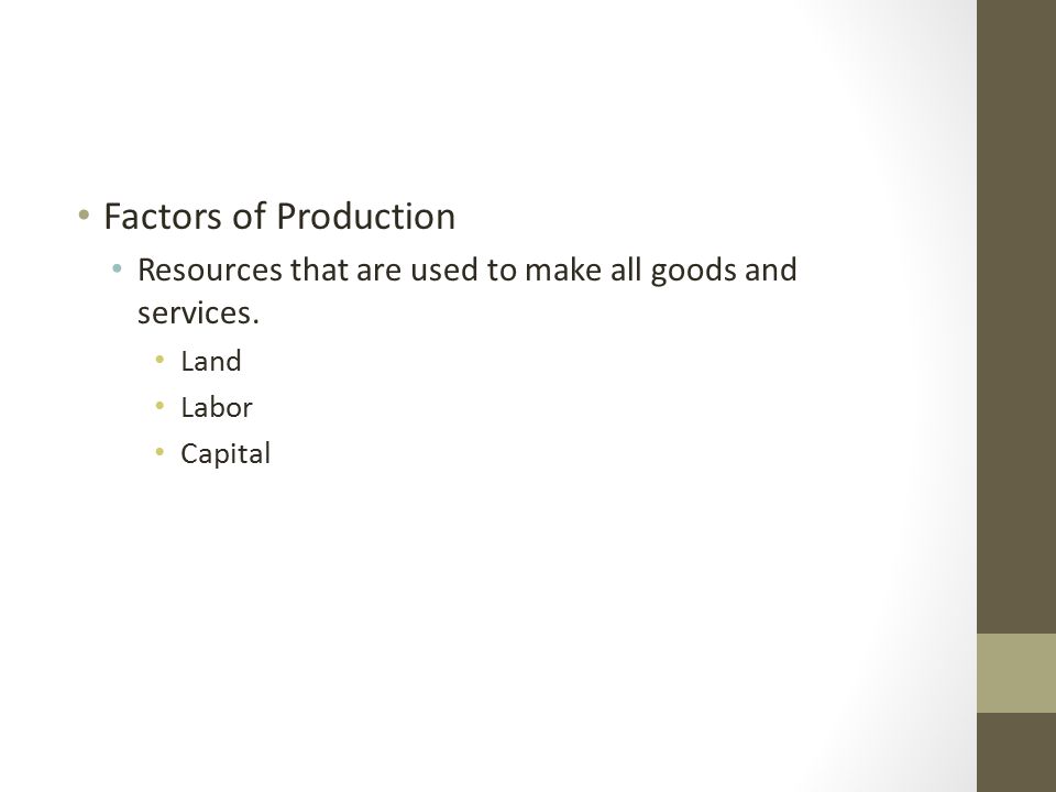 Factors of Production Resources that are used to make all goods and services. Land Labor Capital