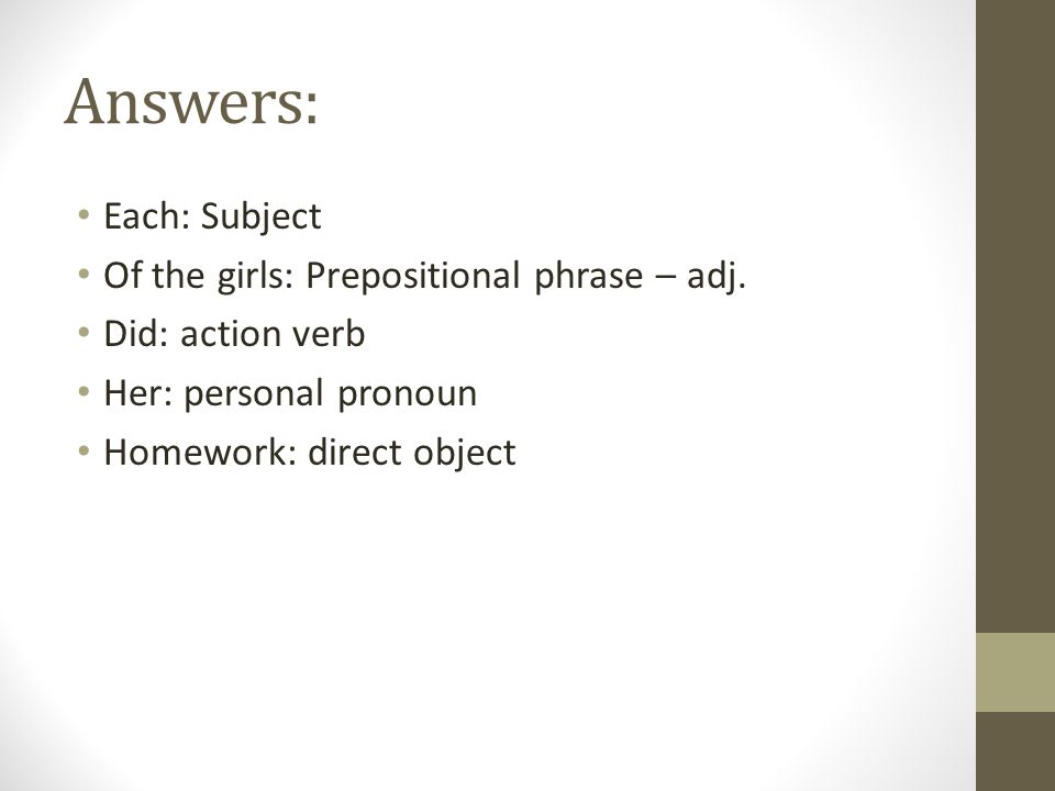 Answers: Each: Subject Of the girls: Prepositional phrase – adj.