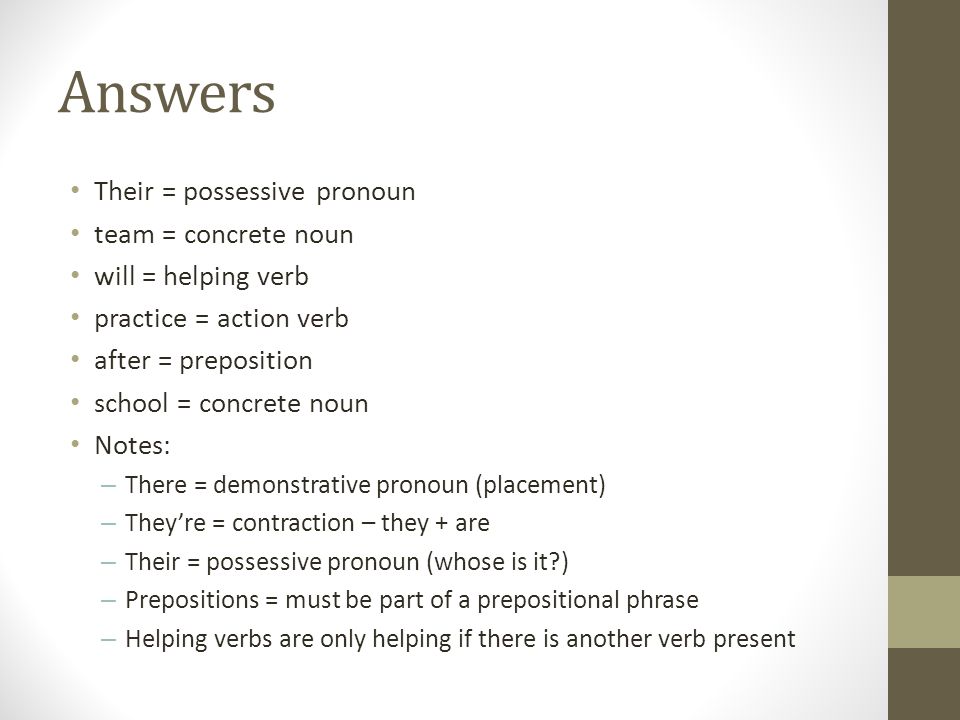 Answers Their = possessive pronoun team = concrete noun