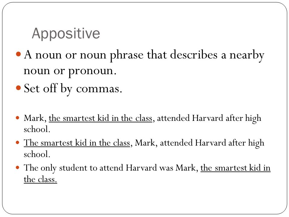 Appositive A noun or noun phrase that describes a nearby noun or pronoun. Set off by commas.