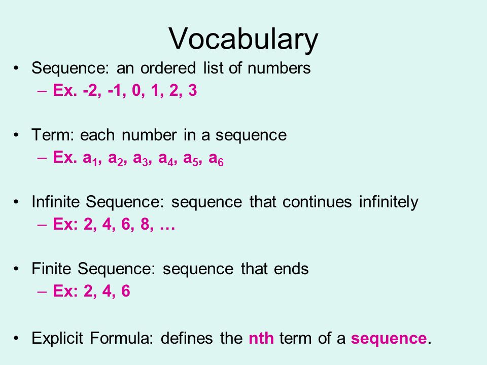 Vocabulary Sequence: an ordered list of numbers Ex. -2, -1, 0, 1, 2, 3