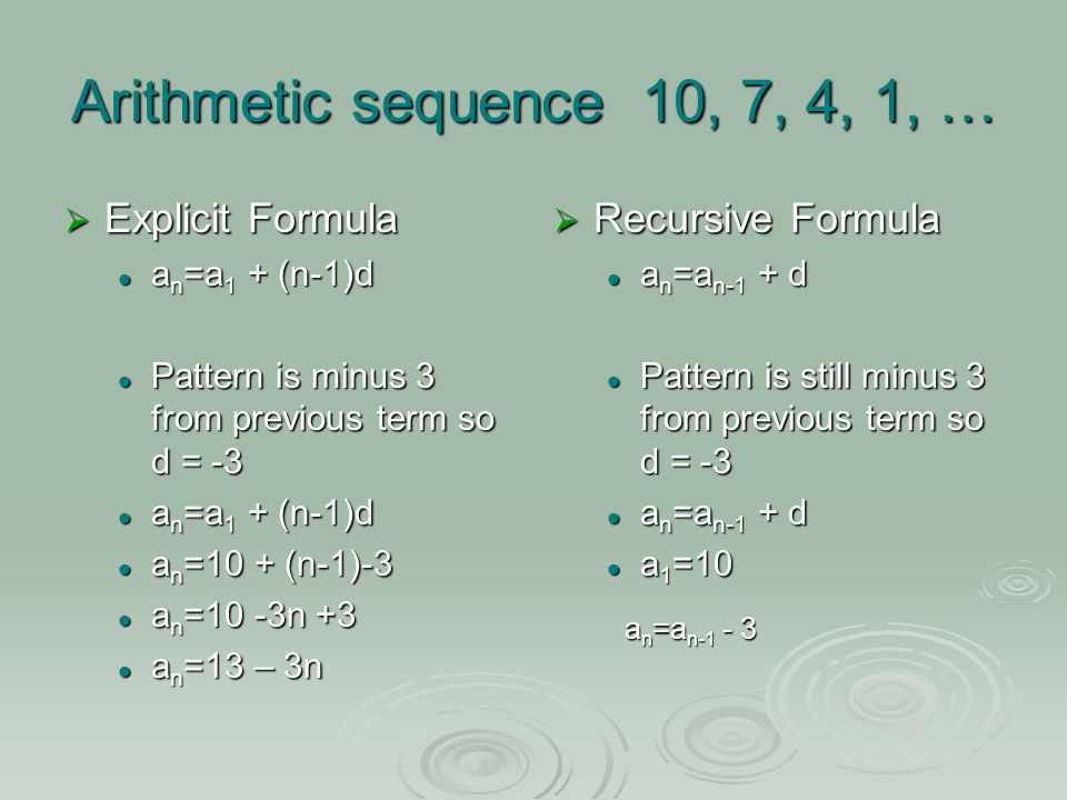 Arithmetic sequence 10, 7, 4, 1, … Explicit Formula Recursive Formula