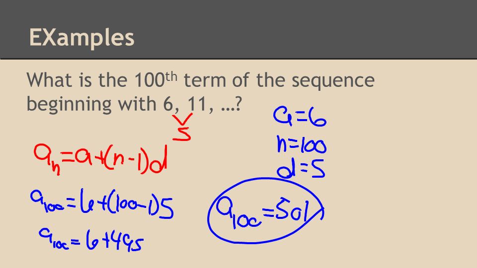 EXamples What is the 100th term of the sequence beginning with 6, 11, …