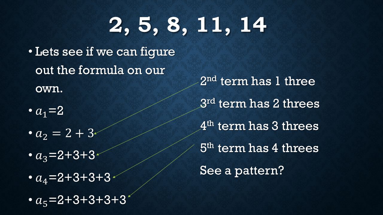 2, 5, 8, 11, 14 Lets see if we can figure out the formula on our own.