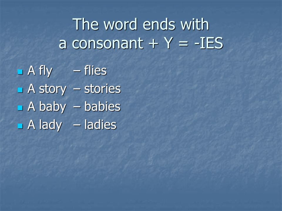 The word ends with a consonant + Y = -IES
