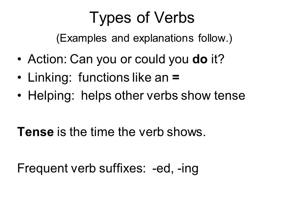 Types of Verbs (Examples and explanations follow.)
