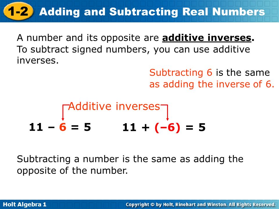 Additive inverses 11 – 6 = (–6) = 5