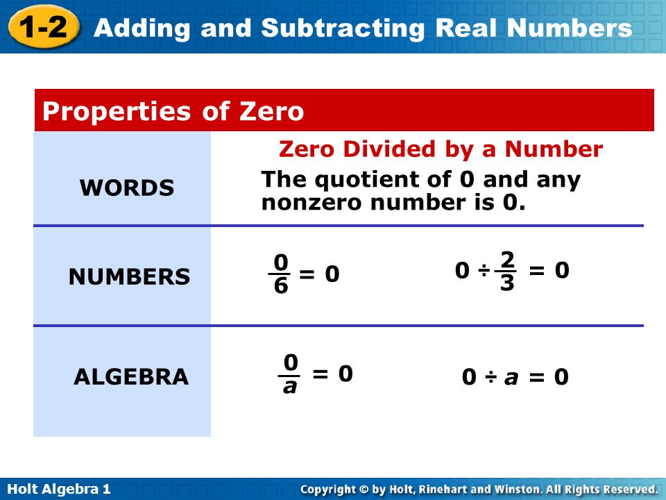 Properties of Zero Zero Divided by a Number The quotient of 0 and any