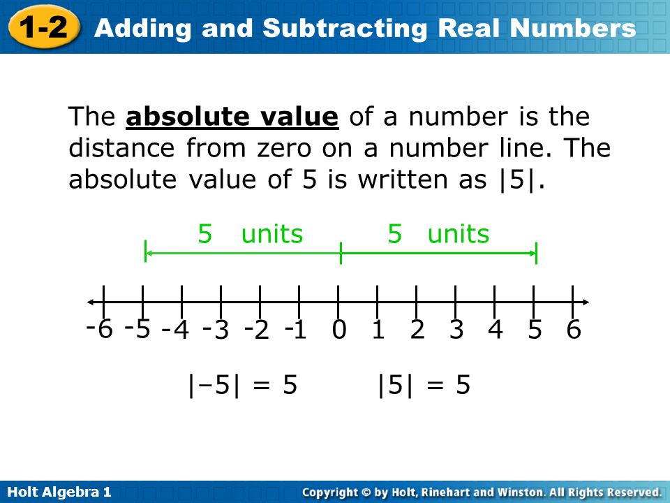 The absolute value of a number is the distance from zero on a number line. The absolute value of 5 is written as |5|.