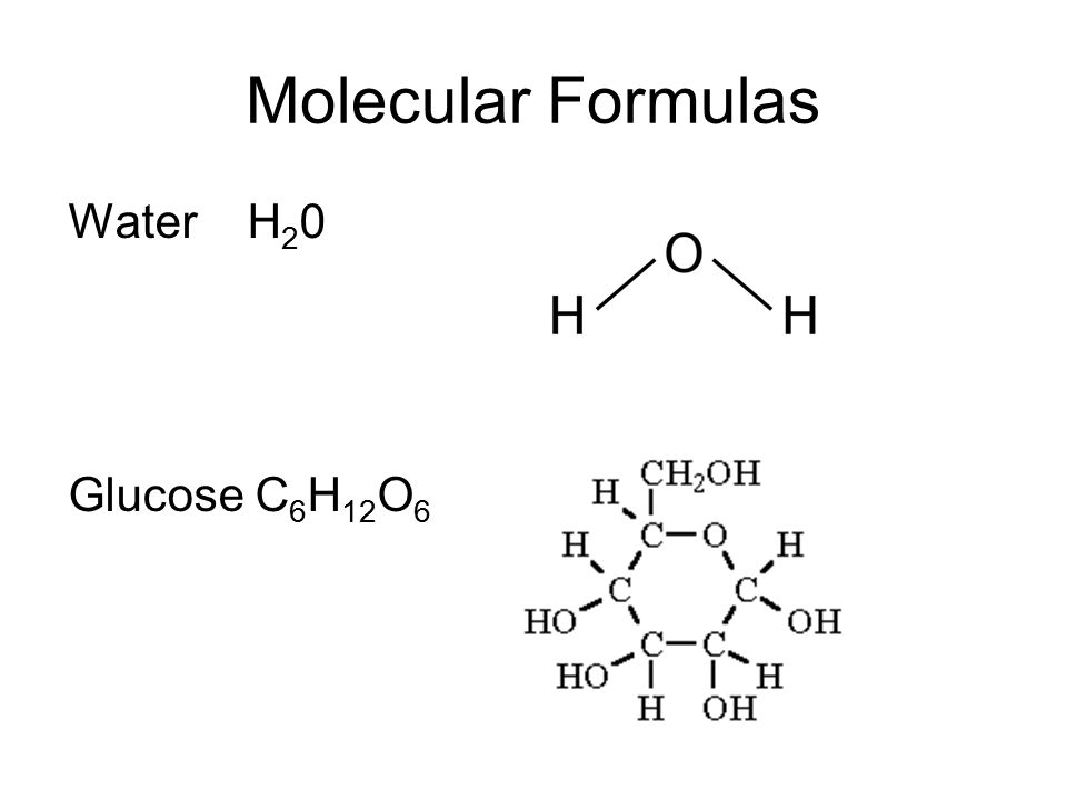 Molecular Formulas Water H20 Glucose C6H12O6