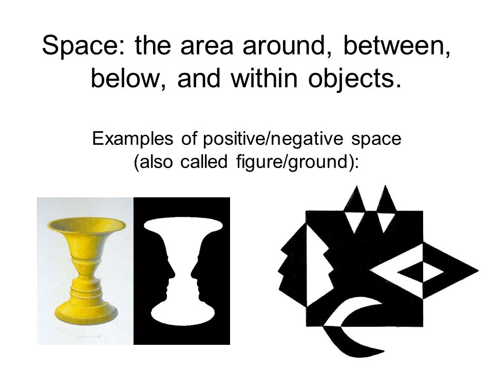 Space: the area around, between, below, and within objects