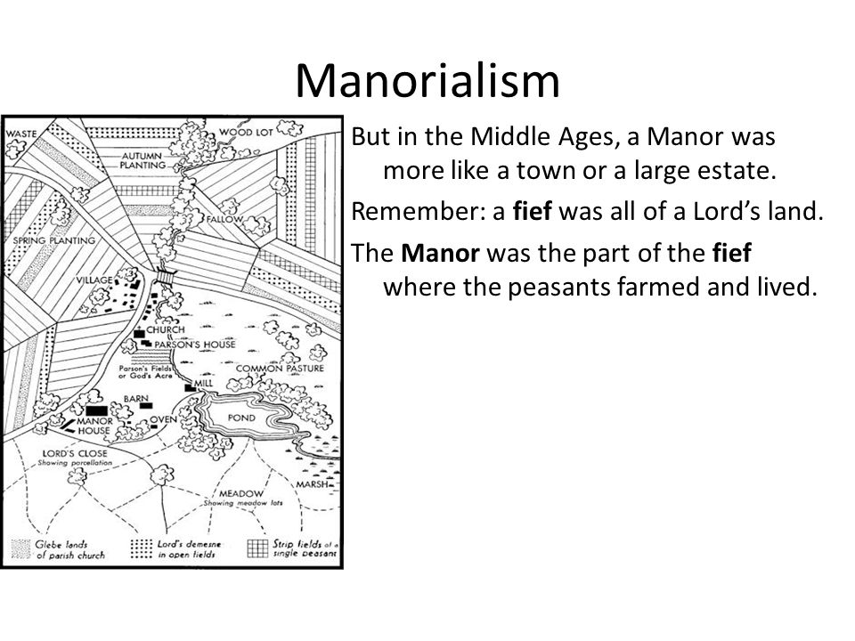 Manorialism But in the Middle Ages, a Manor was more like a town or a large estate. Remember: a fief was all of a Lord’s land.