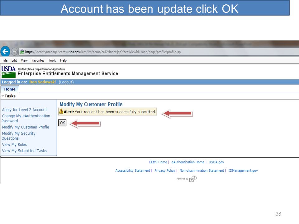 Account has been update click OK UPDATING eAUTHENTICATION ACCOUNT