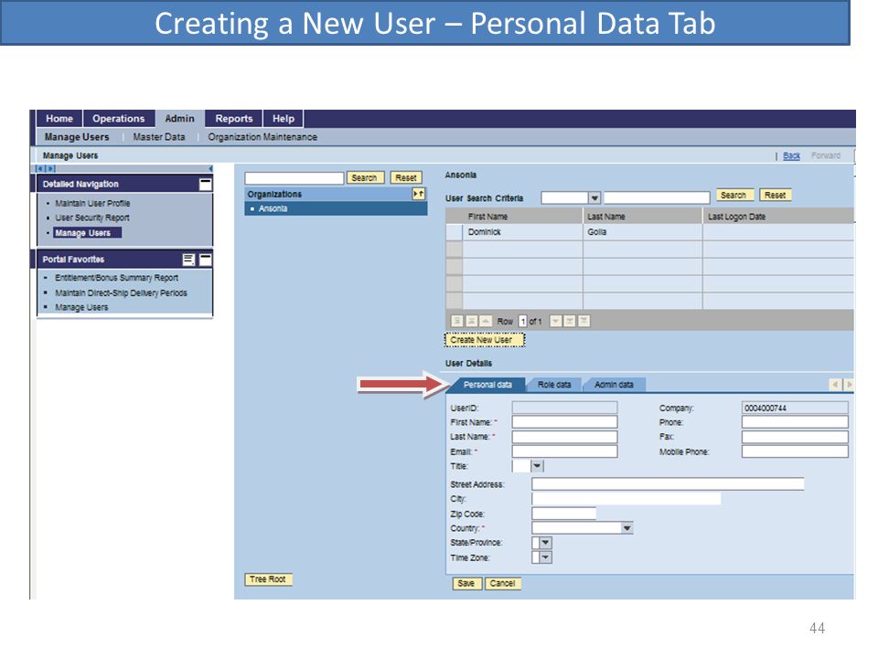 Creating a New User – Personal Data Tab
