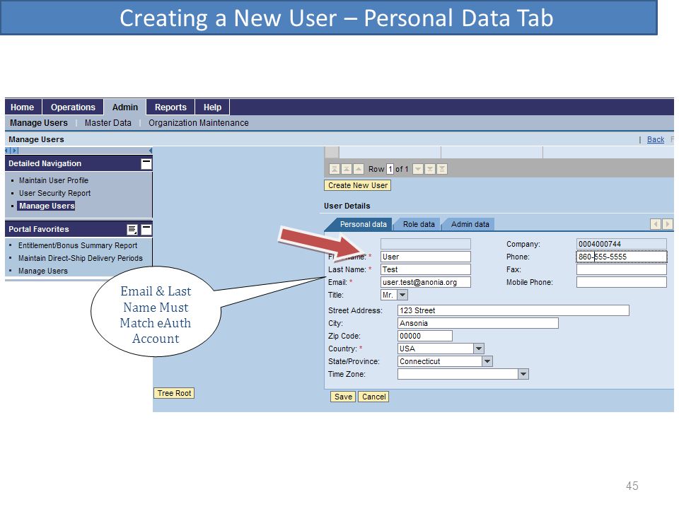 Creating a New User – Personal Data Tab
