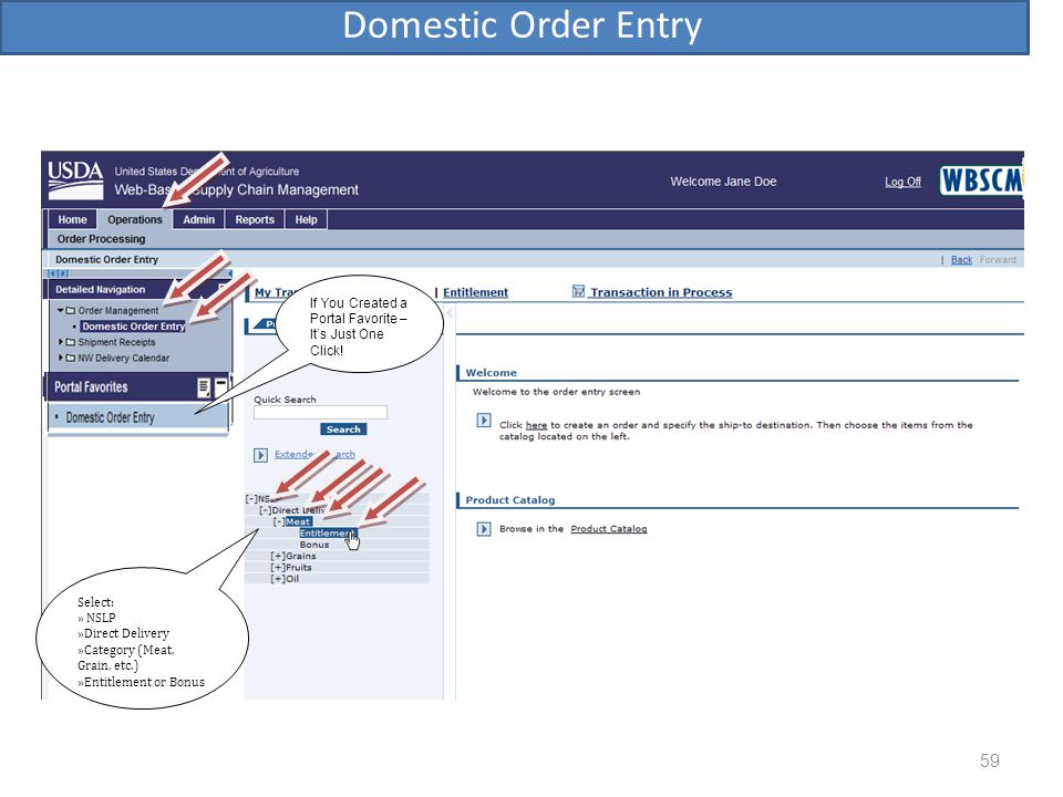 Domestic Order Entry If You Created a Portal Favorite – It’s Just One Click! Select: » NSLP. »Direct Delivery.