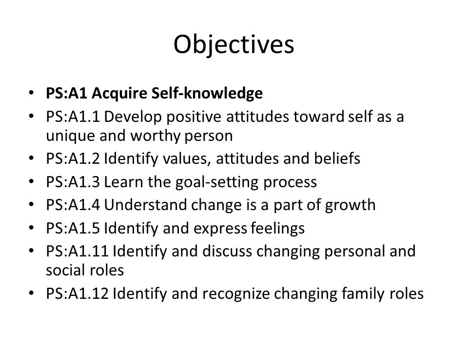 Objectives PS:A1 Acquire Self-knowledge