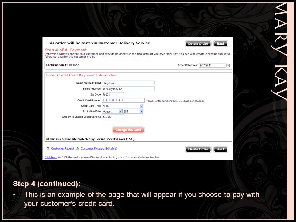 Step 4 (continued): This is an example of the page that will appear if you choose to pay with your customer’s credit card.