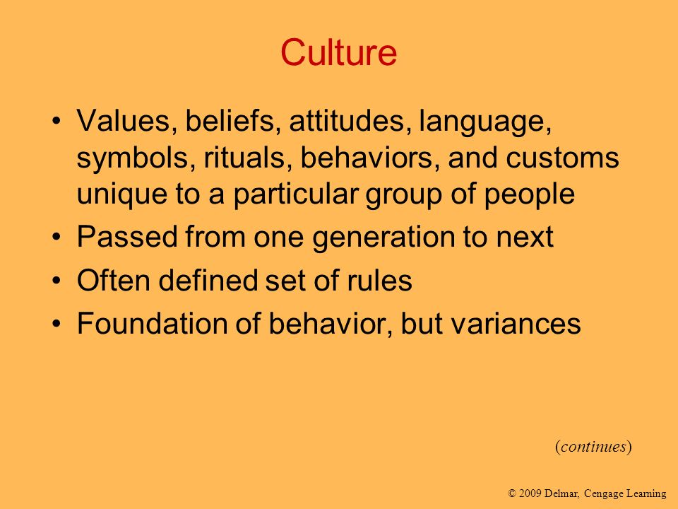 Culture Values, beliefs, attitudes, language, symbols, rituals, behaviors, and customs unique to a particular group of people.