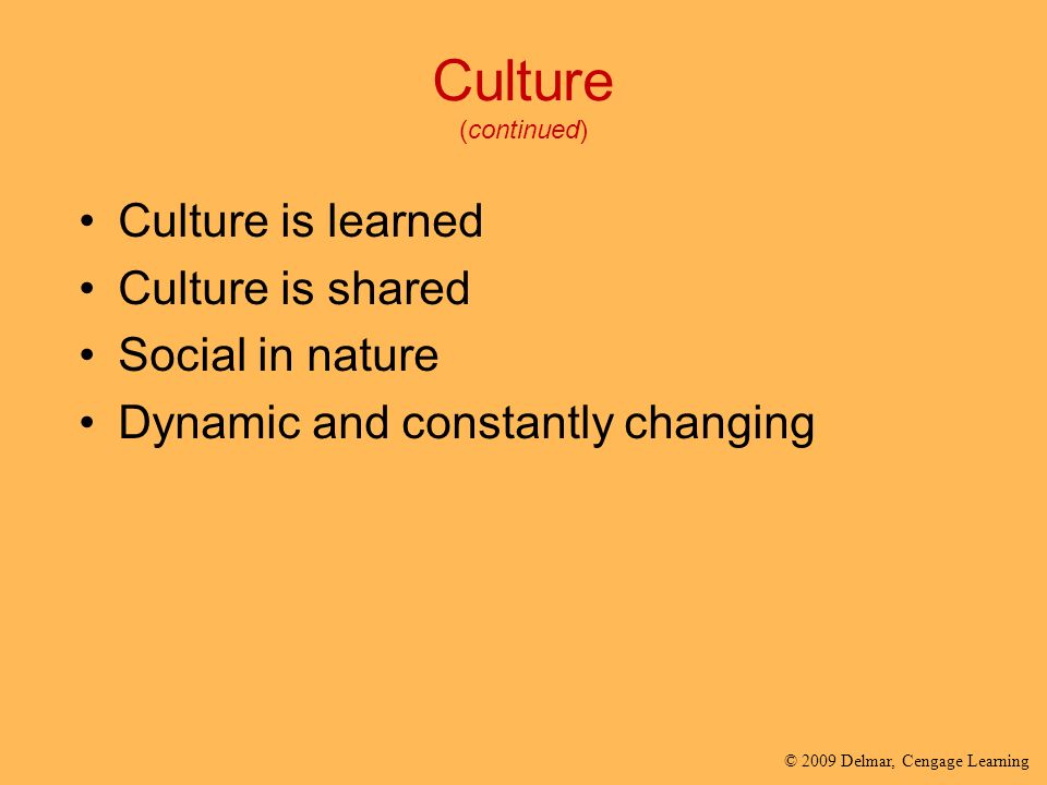 Culture (continued) Culture is learned Culture is shared